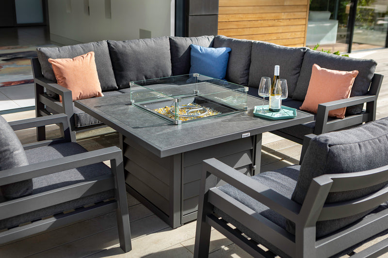 Somerton Square Casual Dining Set + Fire Pit with 2 stools